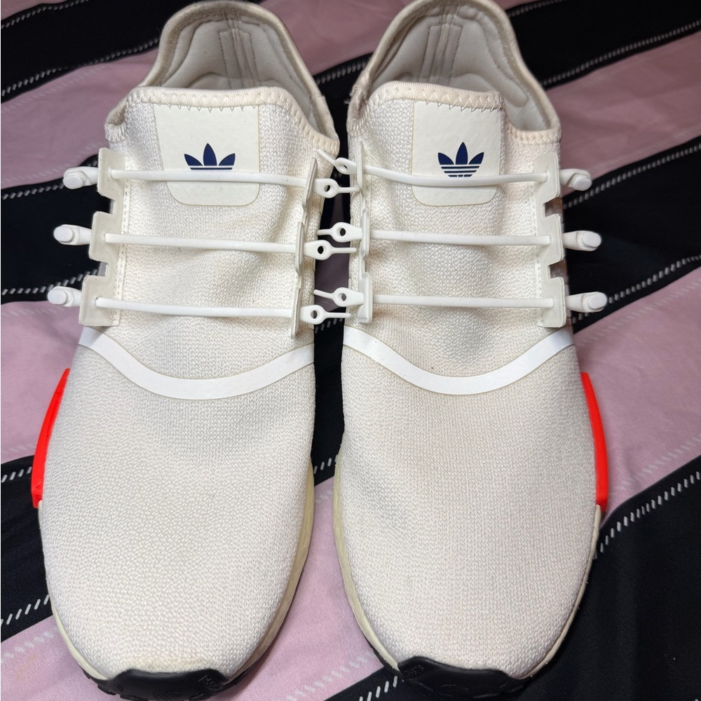 adidas White Sneakers with Blue Trefoil and Red Accents